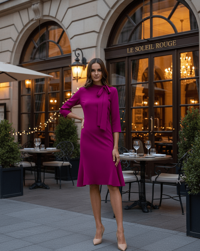 Sophisticated Ruffle-Back Day Dress with Stand-Up Collar
