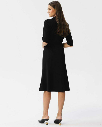 Sophisticated Ruffle-Back Day Dress with Stand-Up Collar