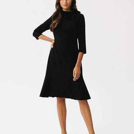 Sophisticated Ruffle-Back Day Dress with Stand-Up Collar