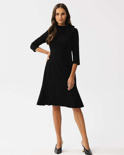 Sophisticated Ruffle-Back Day Dress with Stand-Up Collar