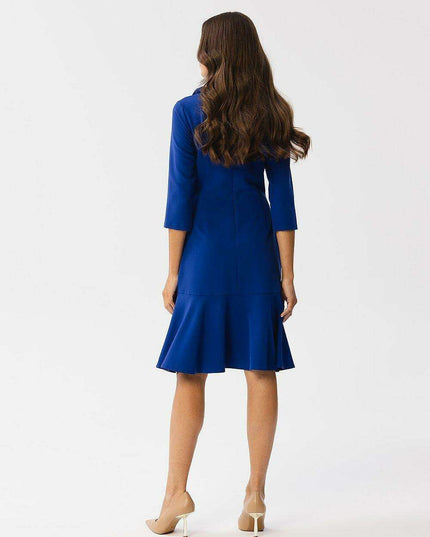 Sophisticated Ruffle-Back Day Dress with Stand-Up Collar