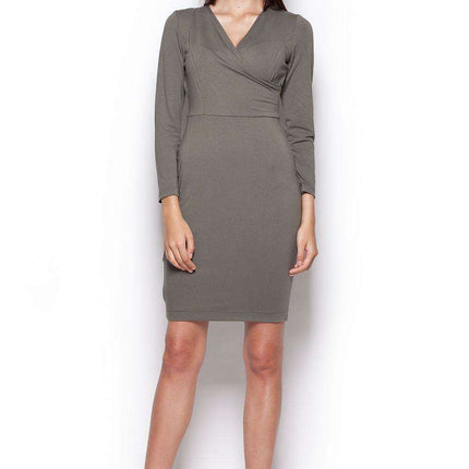 Elegant Long-Sleeve Day Dress with Envelope Neckline - Timeless Sophistication