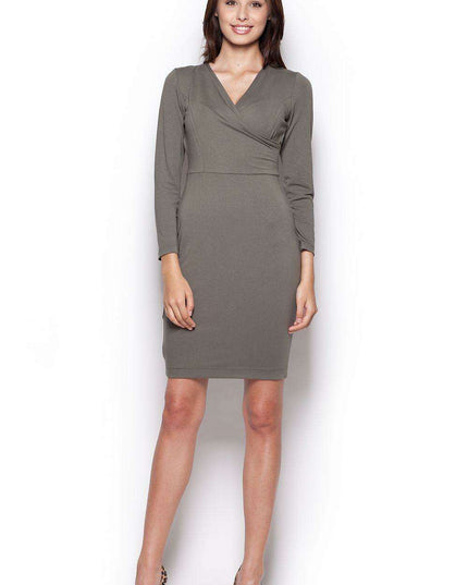 Elegant Long-Sleeve Day Dress with Envelope Neckline - Timeless Sophistication