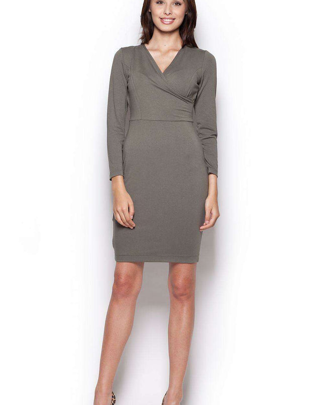Elegant Long-Sleeve Day Dress with Envelope Neckline - Timeless Sophistication