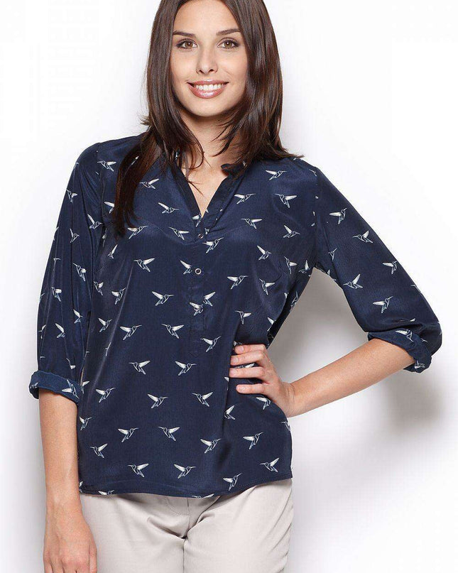 Chic Printed Button-Up Blouse with Elegant Stand-Up Collar - Design 44286