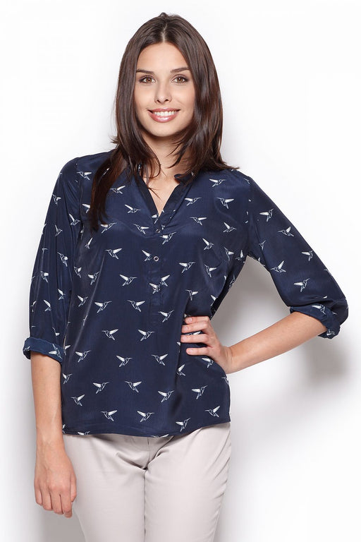 Chic Printed Button-Up Blouse with Stand-Up Collar - Design 44286