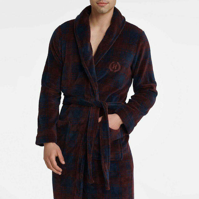 Cozy Men's Burgundy and Navy Blue Bathrobe with Adjustable Fabric Belt
