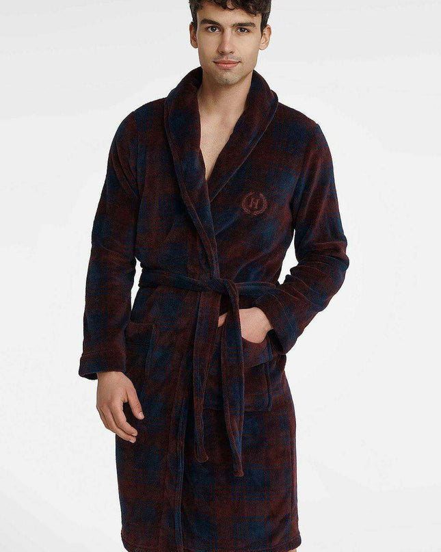 Cozy Men's Burgundy and Navy Blue Bathrobe with Adjustable Fabric Belt