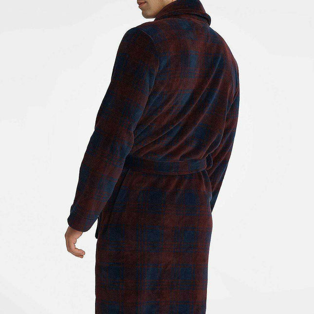Cozy Men's Burgundy and Navy Blue Bathrobe with Adjustable Fabric Belt