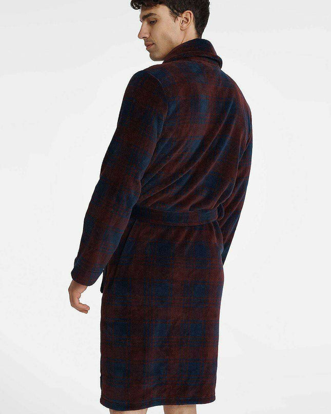 Cozy Men's Burgundy and Navy Blue Bathrobe with Adjustable Fabric Belt
