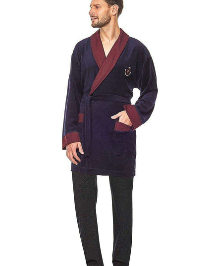 Luxurious Men's Velour Bathrobe with Shawl Collar and Emblem