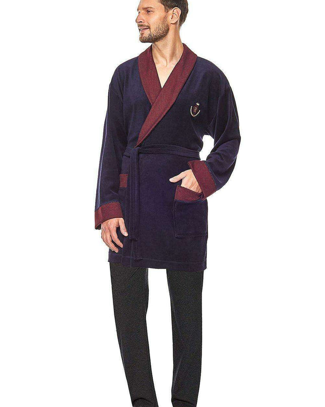 Luxurious Men's Velour Bathrobe with Shawl Collar and Emblem