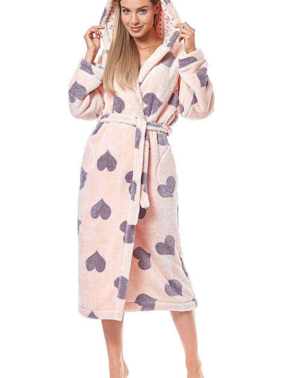 Cozy Pink Hearts Plush Hooded Bathrobe with Pockets