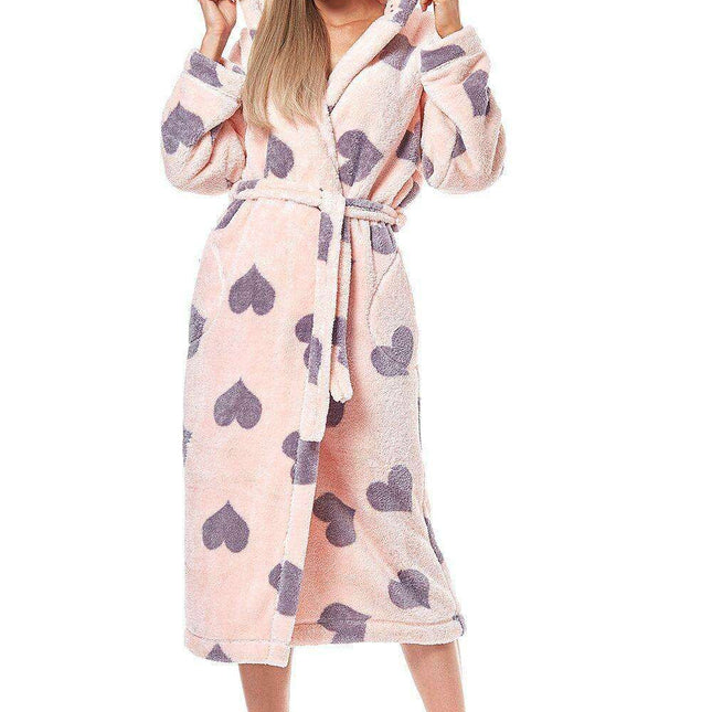 Cozy Pink Hearts Plush Hooded Bathrobe with Pockets