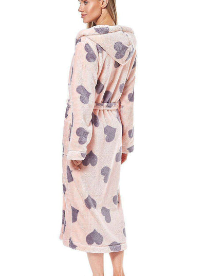 Cozy Pink Hearts Plush Hooded Bathrobe with Pockets