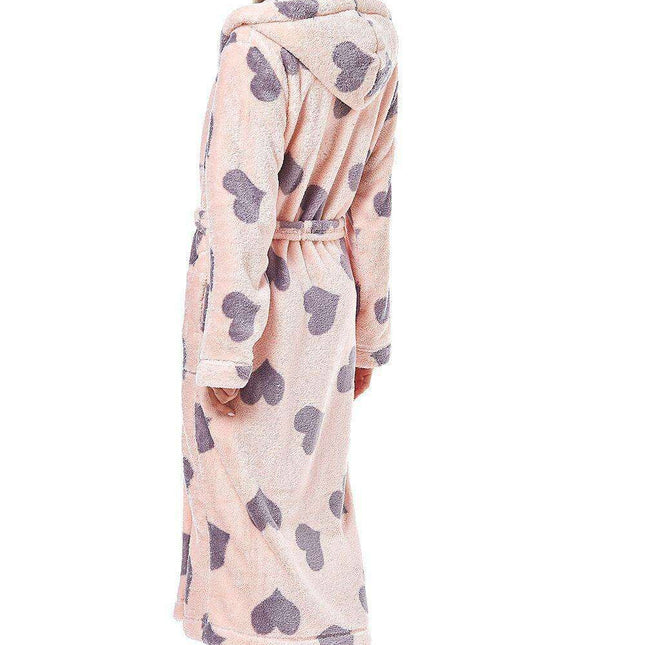 Cozy Pink Hearts Plush Hooded Bathrobe with Pockets