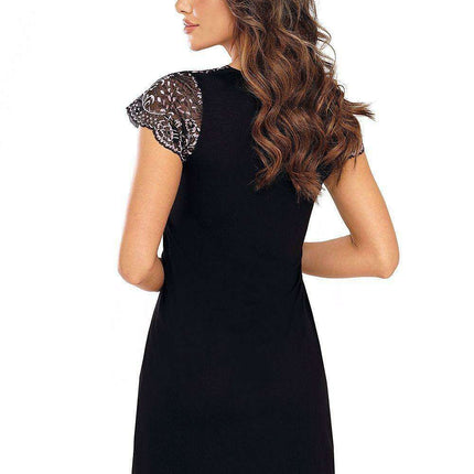 Chic Floral Embroidered Nightgown: Black Viscose with Pink Accents