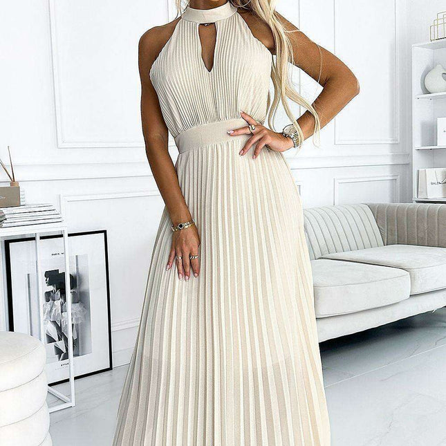 Sophisticated Beige Chiffon Midi Dress with Elegant Teardrop Cutout