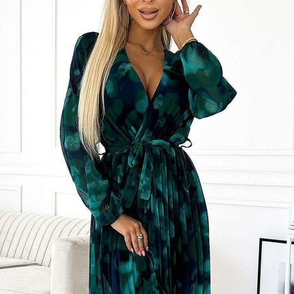 Chic Green Print Chiffon Evening Dress by Numoco