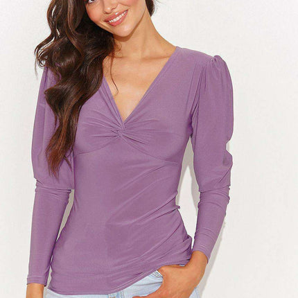 Chic V-Neck Blouse with Metal Plate Accent for Fashion-Forward Women