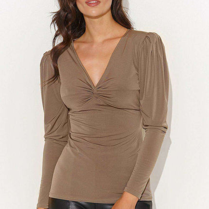 Chic V-Neck Blouse with Metal Plate Accent for Fashion-Forward Women