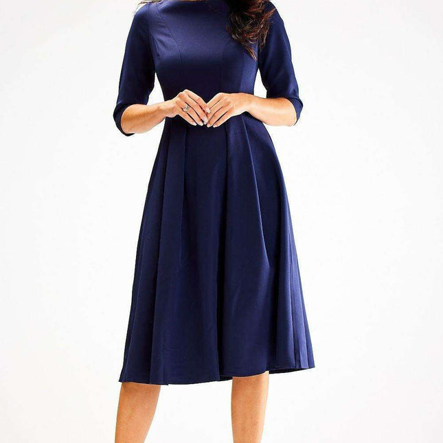 Sophisticated 3/4 Sleeve Boat Neck Flared Dress - Expertly Made in Poland