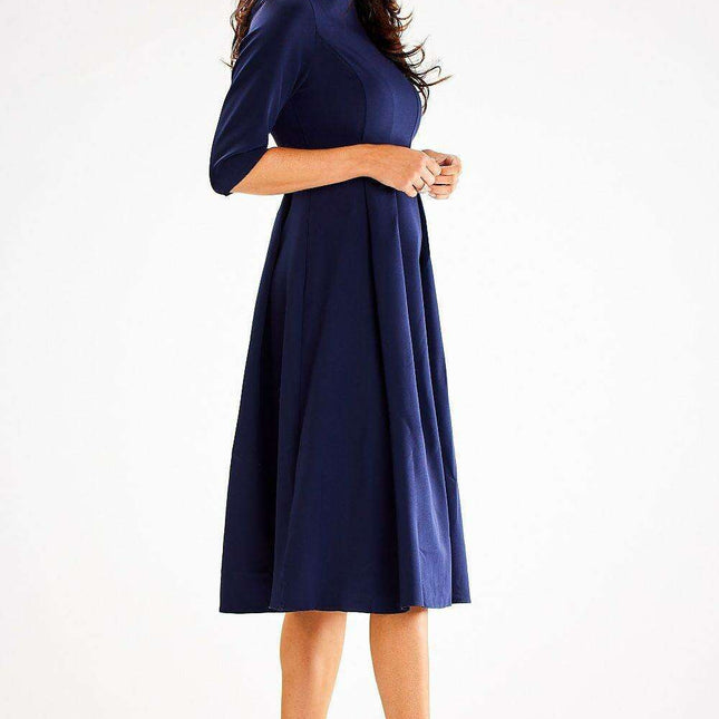 Sophisticated 3/4 Sleeve Boat Neck Flared Dress - Expertly Made in Poland