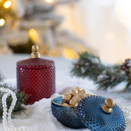 Room & Decor S2 Blue Gold Glass Candy Jar with Lid - Christmas Decor