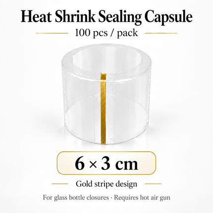 Heat Shrink Sealing Capsules for Glass Bottles — 100pcs, Gold Stripe, 12 Sizes