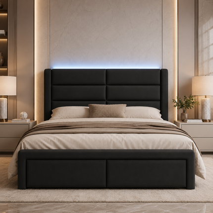 Queen Upholstered Bed Frame with LED Lighting & Faux Leather Headboard — No Box Spring Needed Platform Beds & Bed Frames queen-upholstered-bed-frame-with-led-lights-faux-leather-no-box-spring-needed-black Furniture > Bedroom Furniture > Beds & Bed Frames