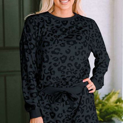 Chic Gray Leopard Satin Lounge Ensemble: Comfortable Two-Piece Homewear for Stylish Relaxation