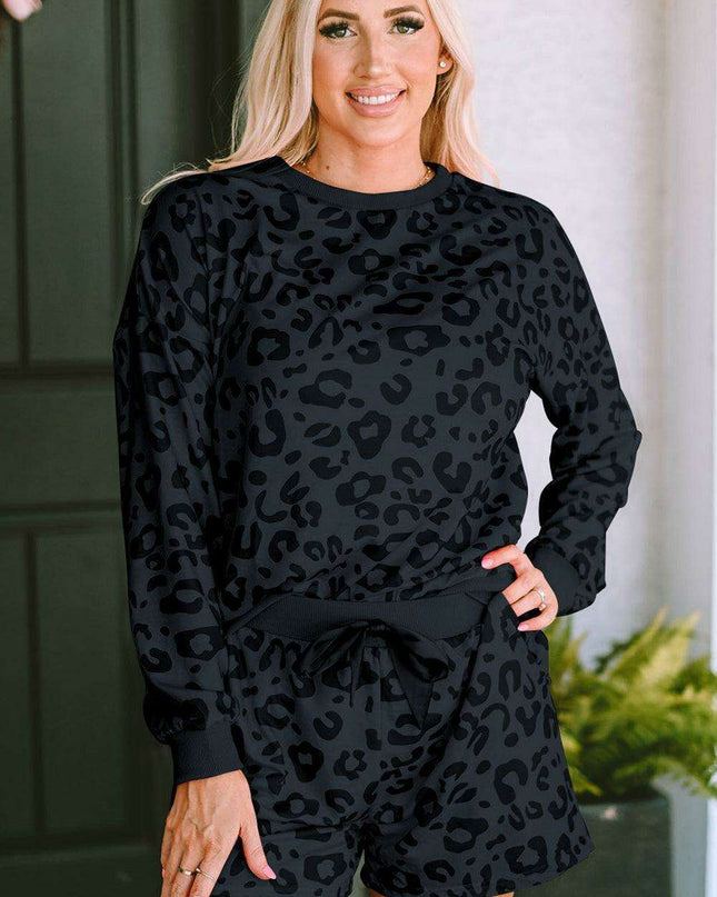 Chic Gray Leopard Satin Lounge Ensemble: Comfortable Two-Piece Homewear for Stylish Relaxation