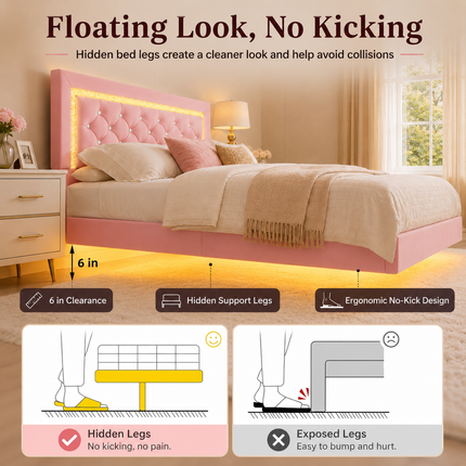Full Floating Bed Frame with LED Lighting & Pink Diamond Headboard — No Box Spring Needed Platform Beds & Bed Frames full-floating-bed-frame-with-led-lights-pink-upholstered-diamond-headboard-no-box-spring-needed-noise-free-easy-assembly Furniture > Bedroom Furniture > Beds & Bed Frames
