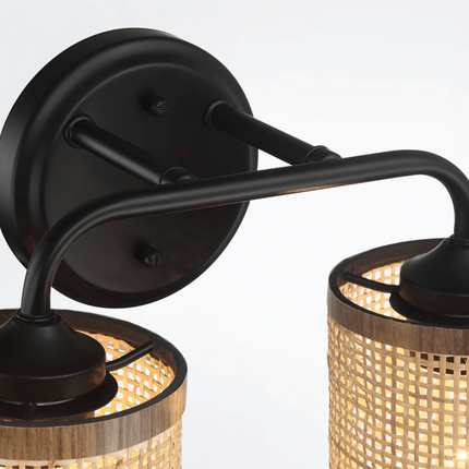 Quell Double Light Vanity Wall Lamp - Black Metal & Natural Rattan Sha
