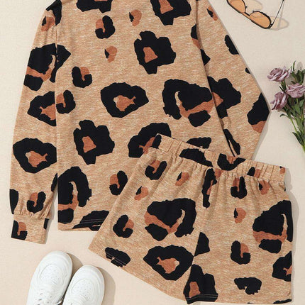 Chic Leopard Print Lounge Set: Long Sleeve Pullover and Shorts Combo
