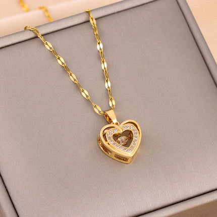 Double-layer Love Necklace With Rhinestones Titanium Steel Pendant Fas