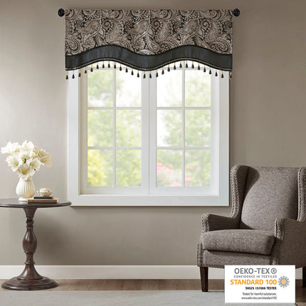 Room & Decor Jacquard Rod Pocket Valance with Beads, Black 50x18