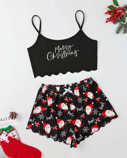 Christmas European And American Thin Pajamas Women's Sleeveless Shorts Milk Silk Simple Casual Two-piece Suit Homewear