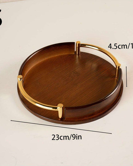 Chic Round Bamboo and Wood Serving Tray with Sturdy Metal Handle - Space-Saving Stackable Ottoman for Home Style