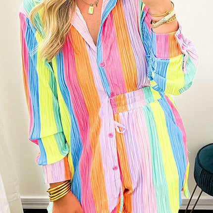 Colorful Crinkle Shirt and Shorts Ensemble with Playful Rainbow Stripes