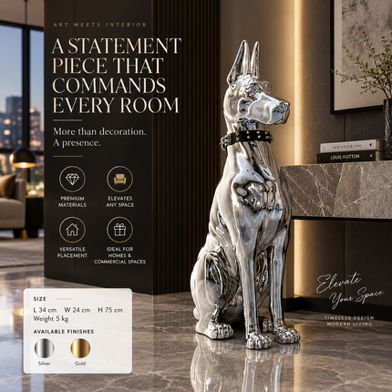 Oversized Electroplated Great Dane Floor Sculpture — Studded Collar Detail Sculptures & Statues modern-floor-decoration-electroplating-dog-porch-tv-cabinet-next-to-the-living-room-high-grade-ornaments-statue-home-accessories-1 Home & Garden > Decor > Sculptures & Statues