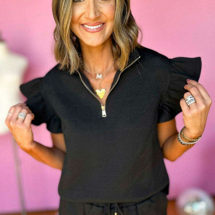 Chic Black Flutter Sleeve Top and Wide-Leg Trousers Ensemble