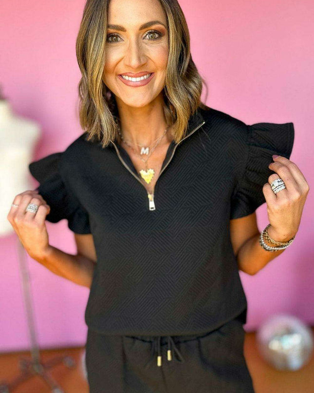 Chic Black Flutter Sleeve Top and Wide-Leg Trousers Ensemble