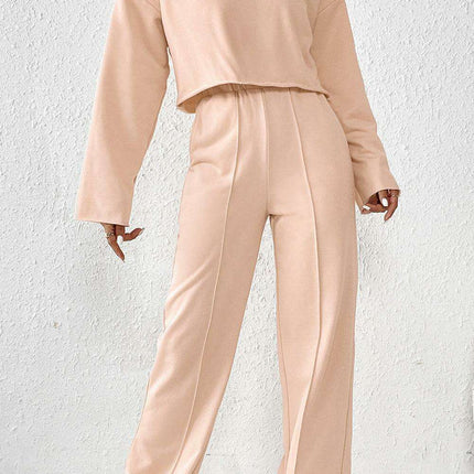 Trendy Khaki Distressed Crop Top and Wide Leg Trousers Set for Effortless Style