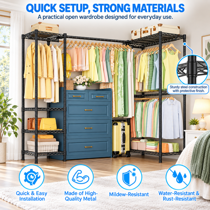 Carbon Steel Expandable Corner Clothes Rack — L-Shape & I-Shape, 58–82″W × 72″H Reach-In Closets carbon-steel-expandable-corner-clothes-rack-l-shape-i-shape Furniture > Bedroom Furniture > Wardrobes > Garment Racks