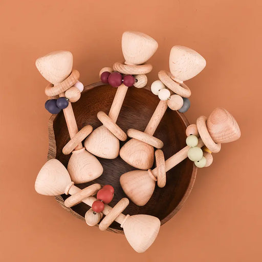 Natural Beech Wood Baby Rattle and Hand Bells - Montessori Educational Toys for Newborns
