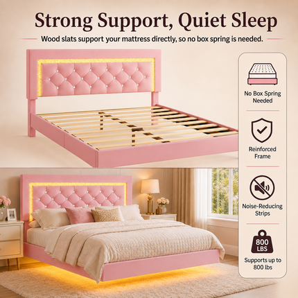 Full Floating Bed Frame with LED Lighting & Pink Diamond Headboard — No Box Spring Needed Platform Beds & Bed Frames full-floating-bed-frame-with-led-lights-pink-upholstered-diamond-headboard-no-box-spring-needed-noise-free-easy-assembly Furniture > Bedroom Furniture > Beds & Bed Frames