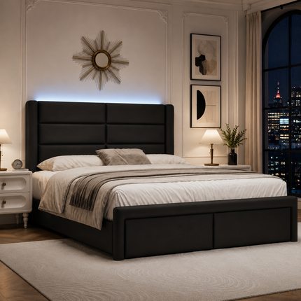 Queen Upholstered Bed Frame with LED Lighting & Faux Leather Headboard — No Box Spring Needed Platform Beds & Bed Frames queen-upholstered-bed-frame-with-led-lights-faux-leather-no-box-spring-needed-black Furniture > Bedroom Furniture > Beds & Bed Frames