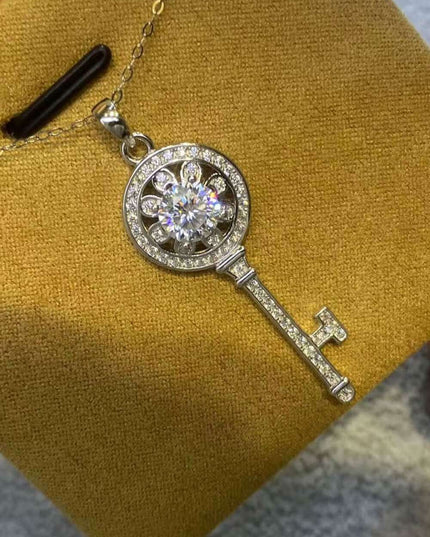 Platinum-Plated Key Pendant Necklace with 1 Carat Lab-Grown Diamond - A Touch of Glamour