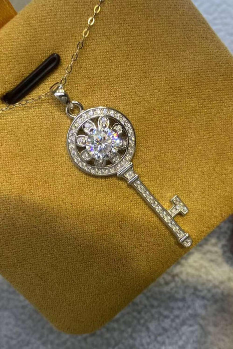 Unlock Elegance: Platinum-Plated Key Pendant Necklace with Shimmering 1 Carat Moissanite